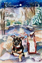 Goog, Dog, Winter, Christmas, Watercolor Painting, Card Illustration, Defiance MO, Koi Pond